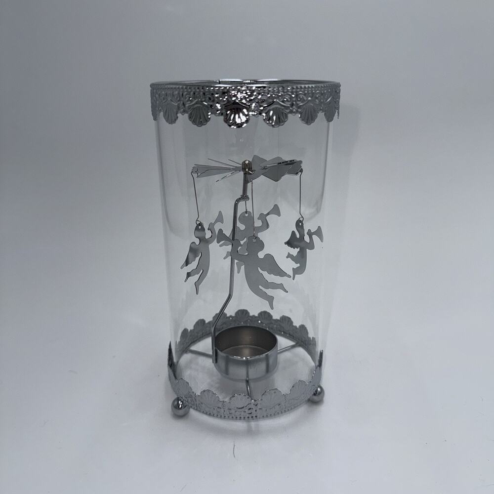Silver Angel Tea Light Candle Carousel Spinner Glass Hurricane Decor
